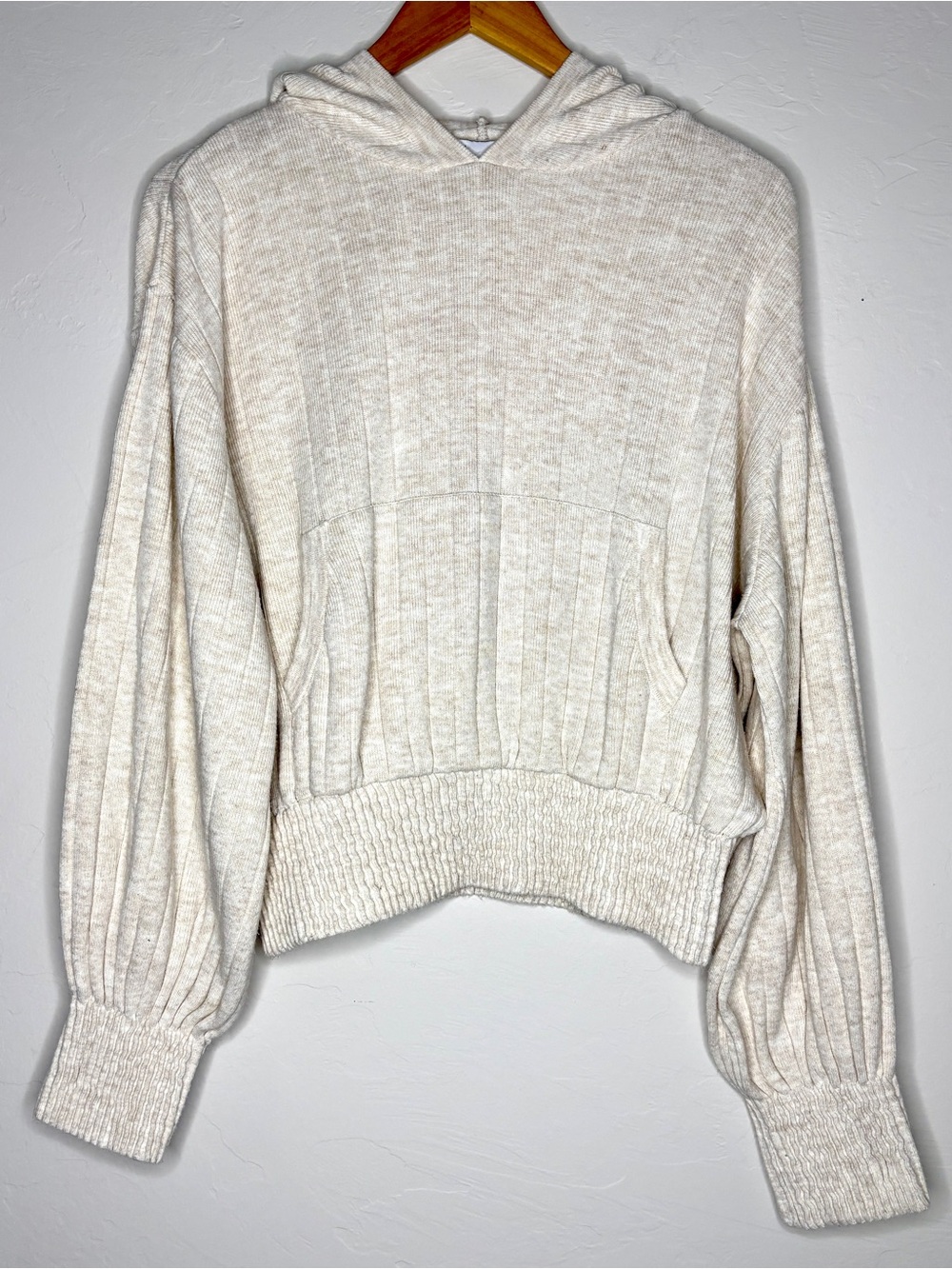 Zara cream knit hoodie sweater with vertical ribbed texture, size Small